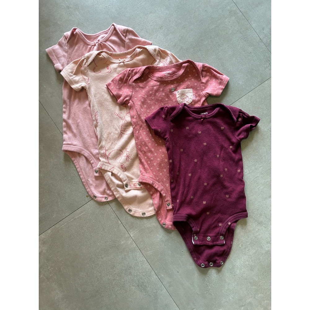 Carters Baby Girl 12M Short Sleeve Bodysuit Lot 4 Pack Pink Burgundy Koala Bird